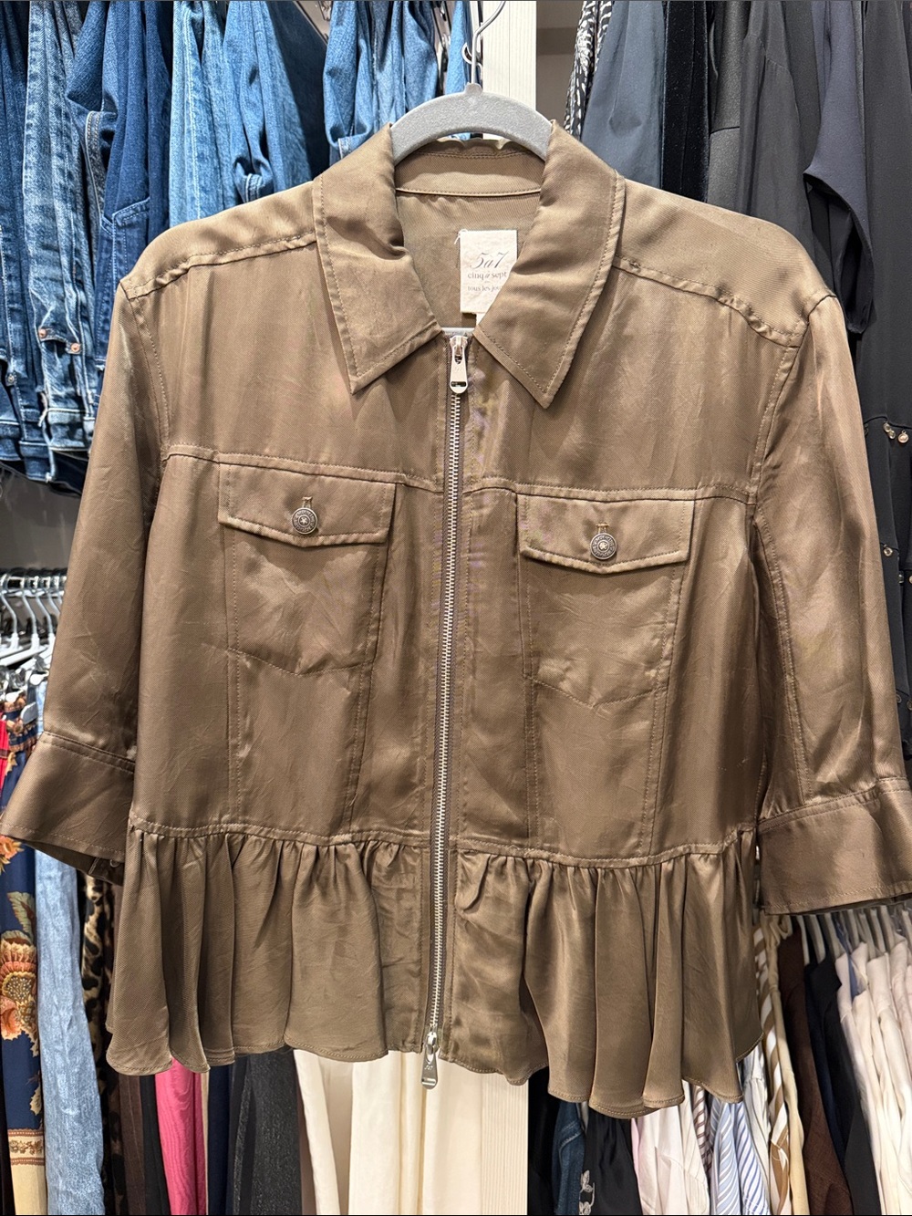 cinq a sept Olive Brown Ruffle-Hem Utility Jacket